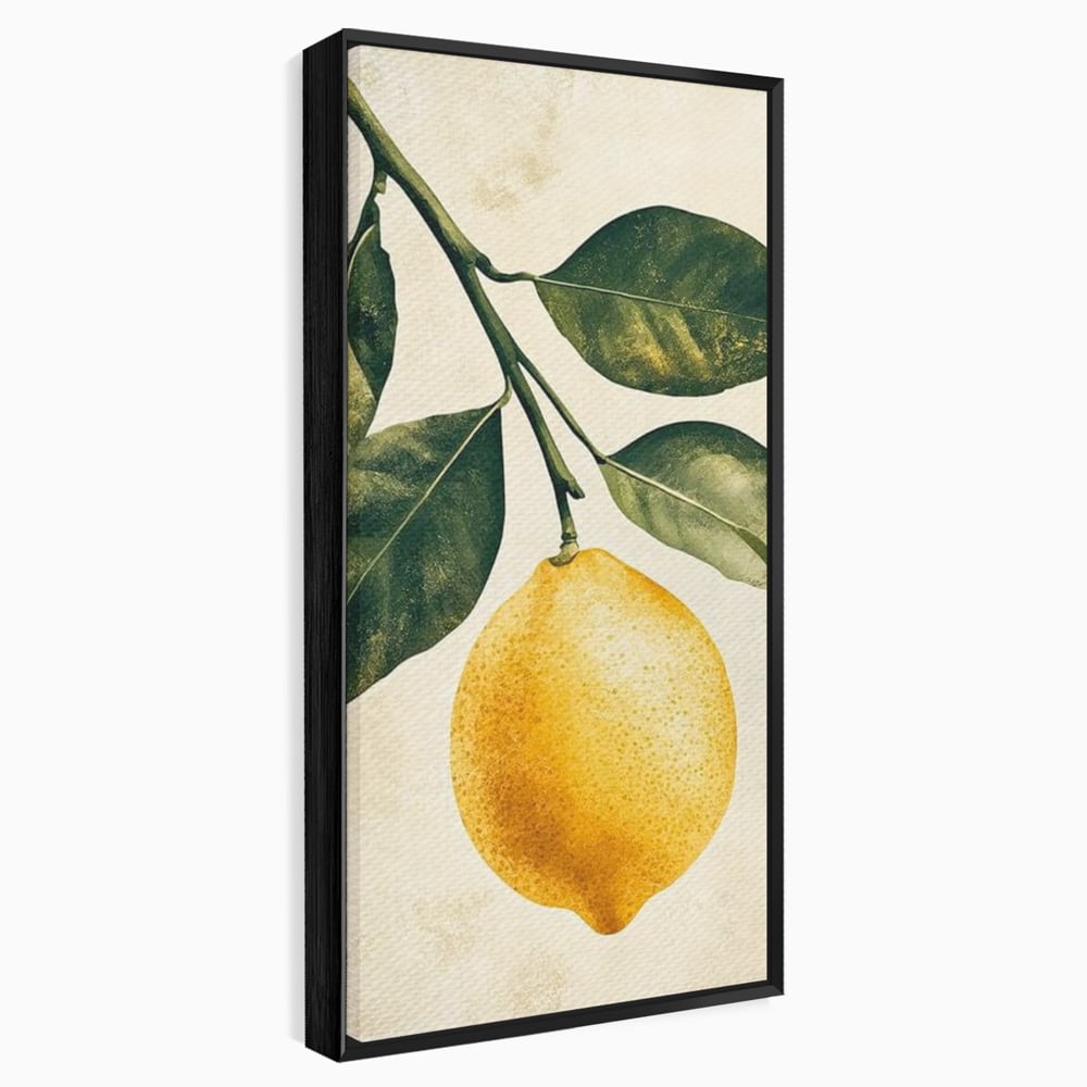 Tablou canvas cu ilustratie botanica cu lamaie si frunze, in rama de aluminiu negru